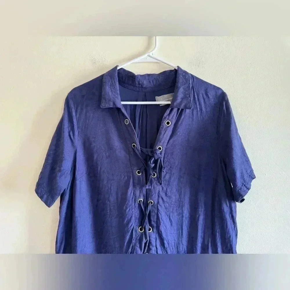 Anthropologie Navy Finley Floral Jacquard Lace-Up Linen Blend Shirt Dress 12 - Picture 7 of 16